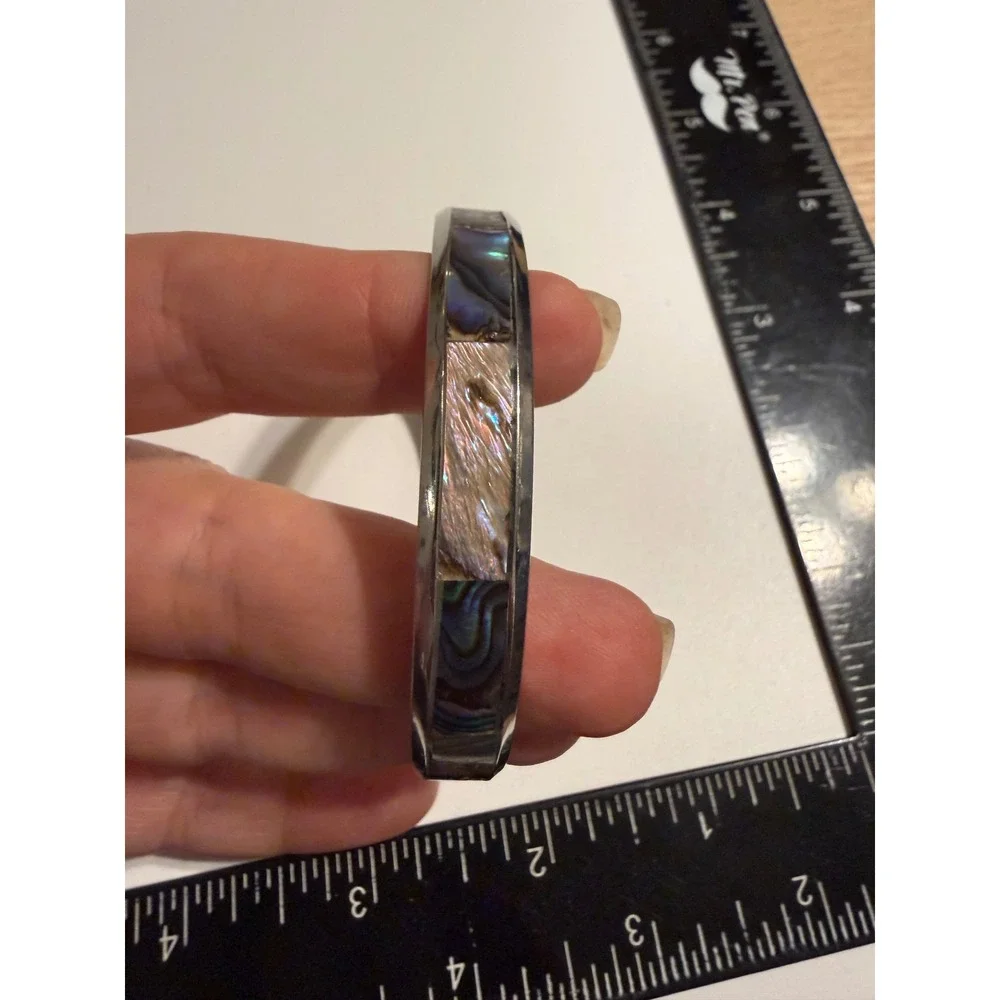 Abalone Shell Inlay Bangle Bracelet Silver Tone Iridescent Boho Jewelry